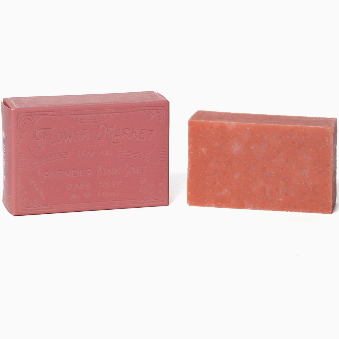 Two pink bars of soap with 'Flower Market' branding on a white background