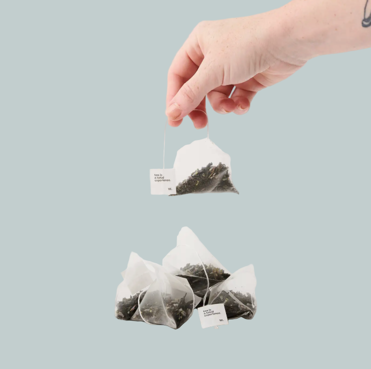 Hand holding a transparent tea bag with tea leaves against a white background